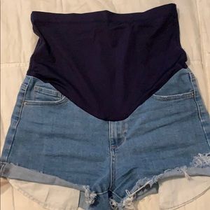 Denim pink blush maternity shorts